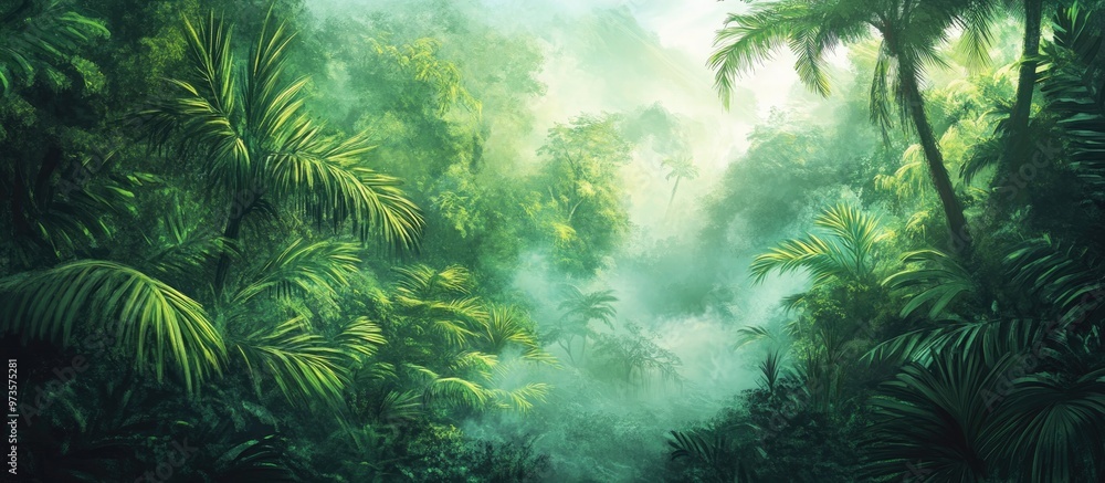 Painting of a Misty Rainforest in a Tropical Setting Painting of a Misty Rainforest in a Tropical Setting