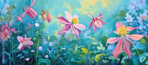 Vibrant painting of sunny green nature in summer featuring pink Aquilegia granny s bonnet and columbine flowers flourishing in a garden setting photo