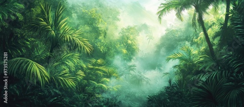 Painting of a Misty Rainforest in a Tropical Setting