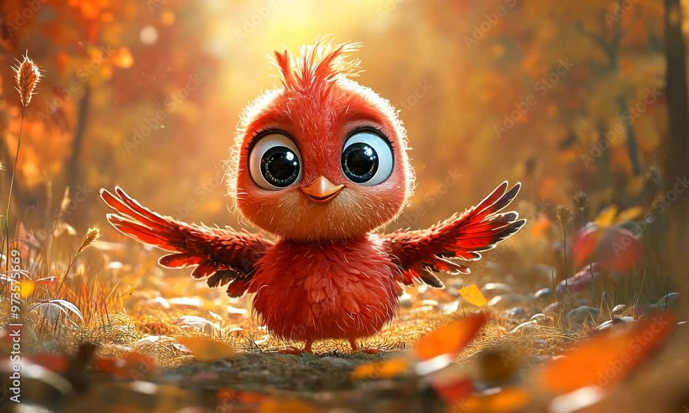Cute Red Bird in Autumnal Forest Cute Red Bird in Autumnal Forest