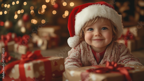 happy child baby laughing with a christmas hat and christmas tree with warm lights and ornaments gifts