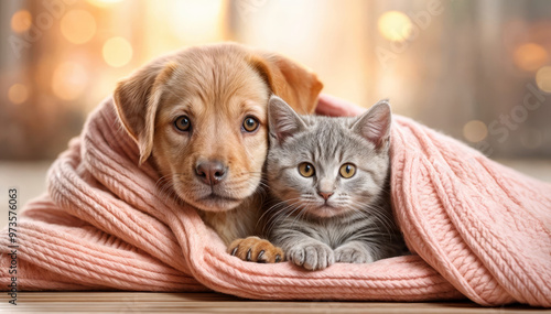 Portrait of cute brown puppy dog and grey tabby kitten cat wrapped sheltered in peachy pink fluffy soft blanket on warm golden light winter morning indoors cozy house home.