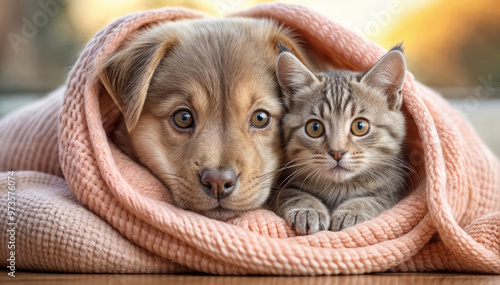 Portrait of cute brown puppy dog and grey tabby kitten cat wrapped sheltered in peachy pink fluffy soft blanket on warm golden light winter morning indoors cozy house home.