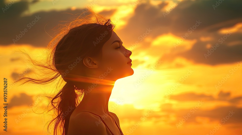 A woman with long hair enjoys a sunset. It captures the beauty and tranquility of nature. A woman with long hair enjoys a sunset. It captures the beauty and tranquility of nature.