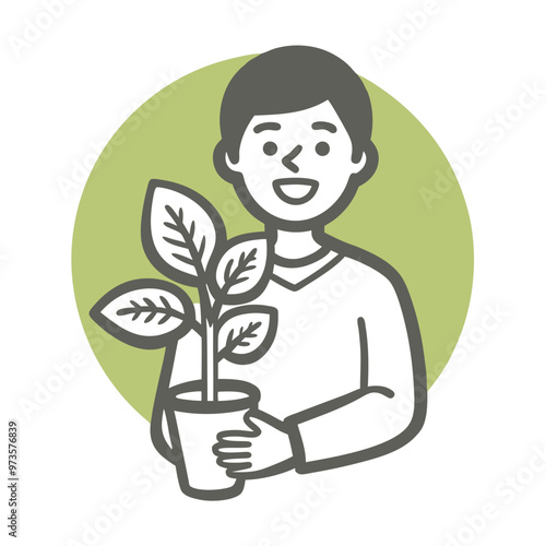 Happy person holding potted plant in hands, symbolizing sustainable gardening and eco-friendliness, copy space