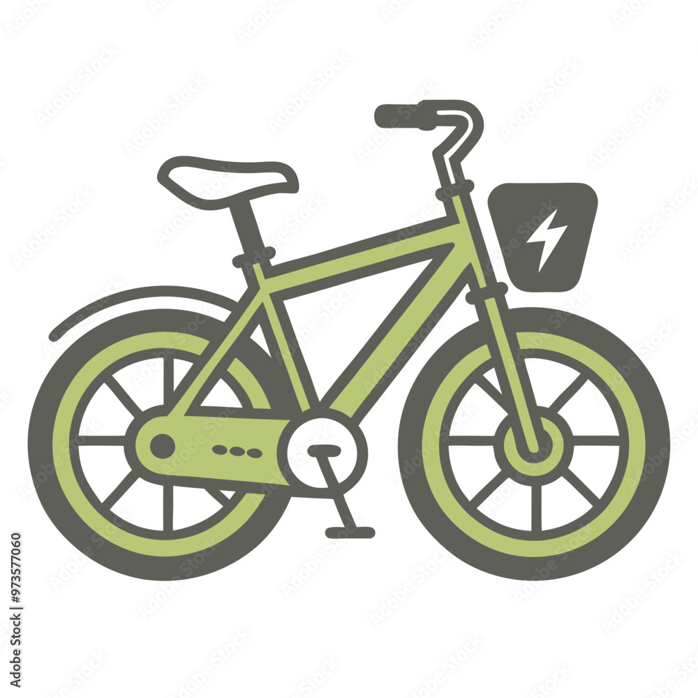 Electric bicycle with charging symbol and green accents on a white background