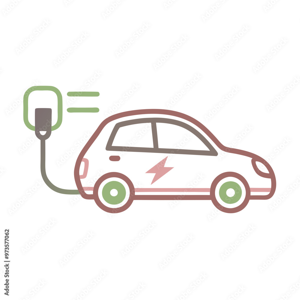 Colorful electric car with charging cable and lightning bolt on a white background Colorful electric car with charging cable and lightning bolt on a white background