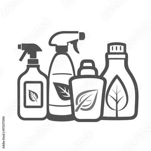 Stylized eco-friendly cleaning product bottles with leaf design, suitable for sustainable living, copy space
