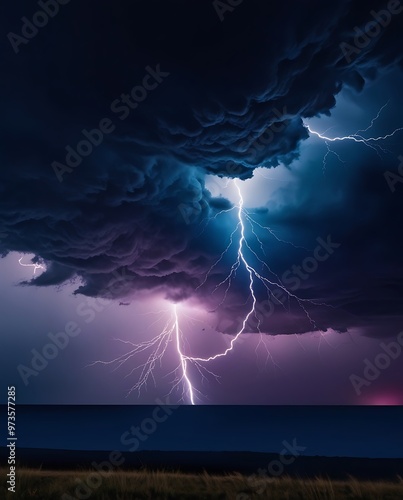 Intense Thunderstorm with Striking Lightning under Dark Blue and Pink Sky Capturing the Electrifying Power of Nature and Atmospheric Turbulence (24)