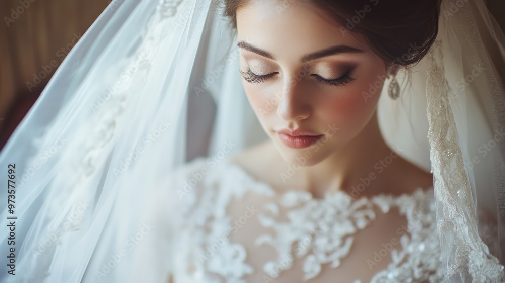 Close-up portrait of a bride with her eyes closed, wearing a white veil with intricate lace detailing. Close-up portrait of a bride with her eyes closed, wearing a white veil with intricate lace detailing.