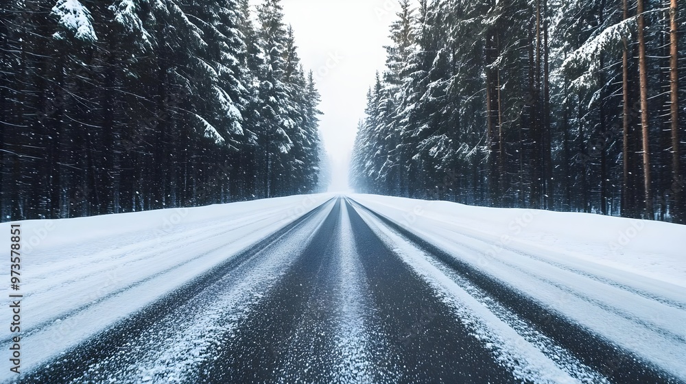 A tranquil winter road surrounded by snow-covered trees, creating a serene and peaceful landscape perfect for travel themes. A tranquil winter road surrounded by snow-covered trees, creating a serene and peaceful landscape perfect for travel themes.