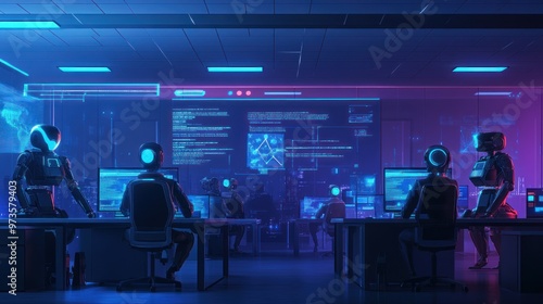 A team of robots work at computer stations with a digital screen in the background, lit by neon pink and blue lighting.