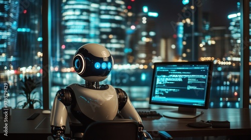 Futuristic robot sits at desk in front of computer monitor.