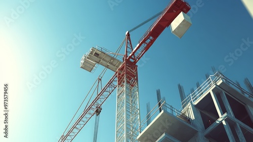 Against the serene blue sky, the industrial crane at the construction site moves with mechanical precision.