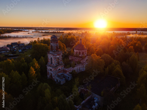 Old ruins of Church at dawn Abandoned Christmas Church in Rozhdestvo, Tver oblast, aerial view photo