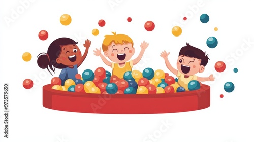 Colorful Kids Playing in Ball Pit - Joyful Vector Illustration on White Background