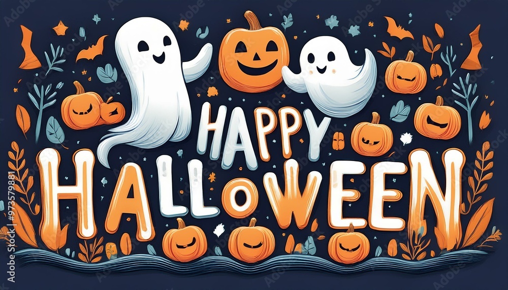 Cute Ghost and Pumpkin Combo Happy Halloween in playful, bold, hand-drawn typography. happy halloween pumpkin. halloween party invitation. wallpaper halloween Cute Ghost and Pumpkin Combo Happy Halloween in playful, bold, hand-drawn typography. happy halloween pumpkin. halloween party invitation. wallpaper halloween