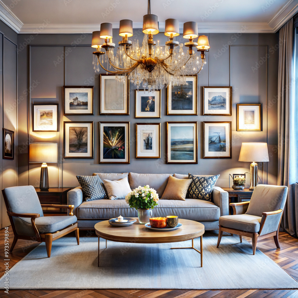 A living room with a gallery wall and a statement A living room with a gallery wall and a statement