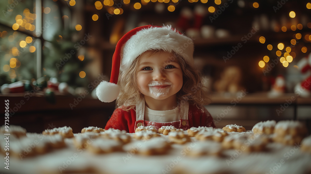 mischievous girl wearing a christmas hat with a dirty face from eating cookies for christmas eve celebration