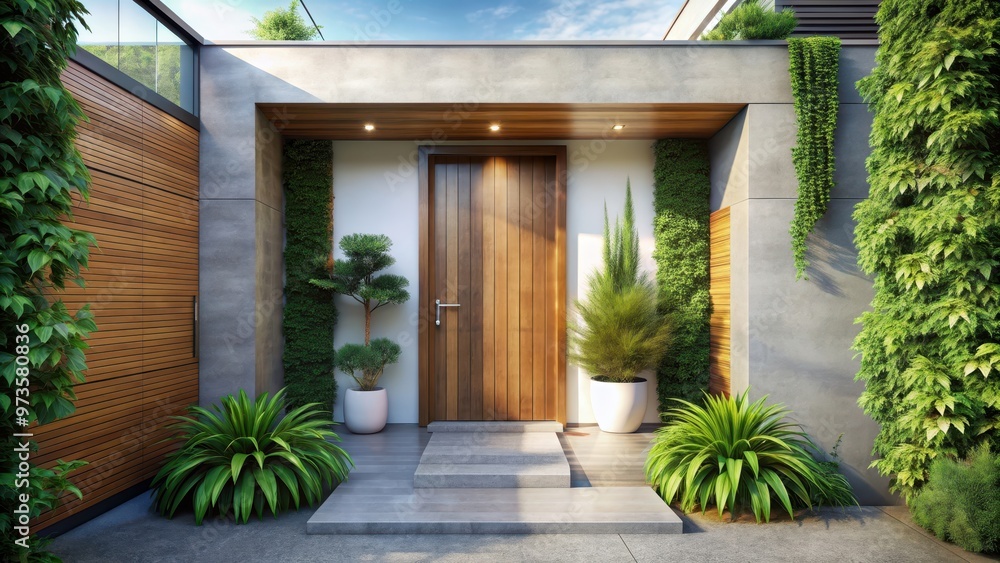 Entrance to modern house with wooden door and plants , entrance, house, home, modern, wooden, door, plants, exterior Entrance to modern house with wooden door and plants , entrance, house, home, modern, wooden, door, plants, exterior
