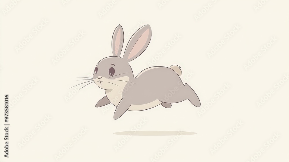 Fototapeta premium Playful Gray Rabbit in Mid-Hop - Minimalist Flat Design Illustration on White Background Conveying Fun and Cheerful Vibe