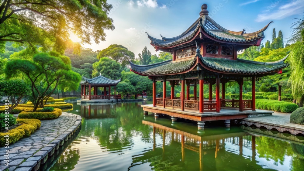 Chinese temple with traditional architecture nestled in a serene park setting, chinese, temple, traditional, architecture Chinese temple with traditional architecture nestled in a serene park setting, chinese, temple, traditional, architecture