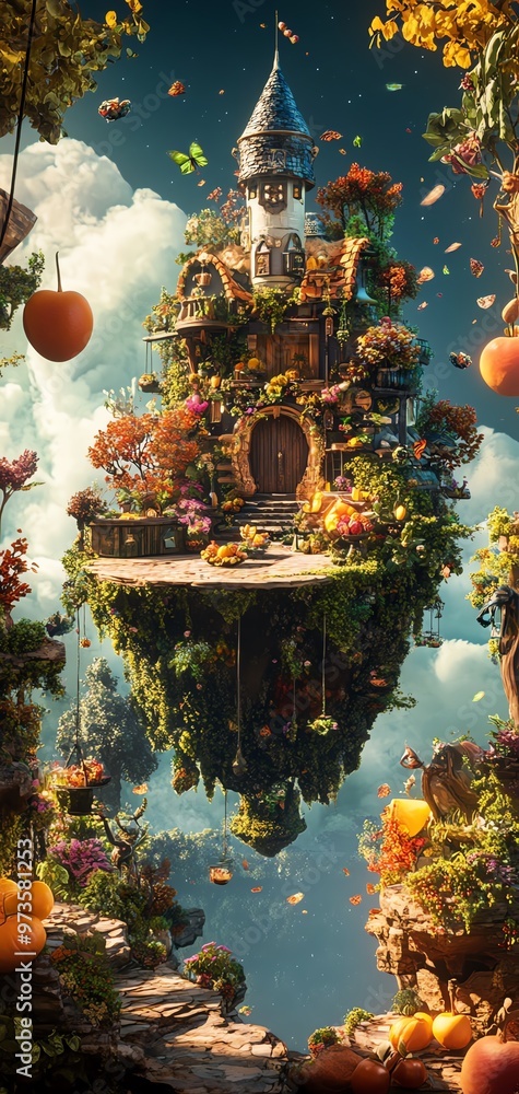 Fototapeta premium A whimsical fusion of fantasy worlds and culinary arts, featuring a floating kitchen surrounded by enchanted landscapes, rich colors, and surreal food elements, digital art styling