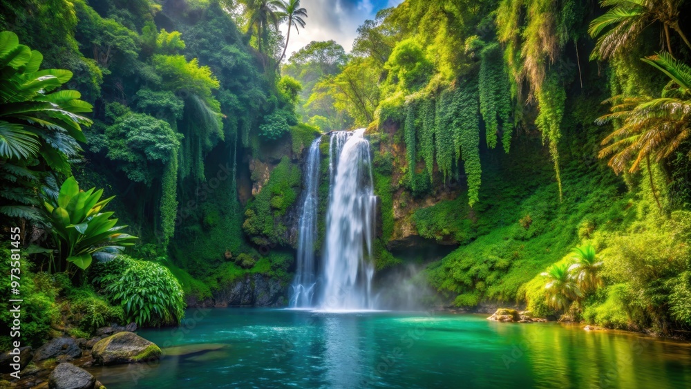 A stunning waterfall cascading down lush green jungle in a tropical paradise, waterfall, jungle, tropical, paradise, nature A stunning waterfall cascading down lush green jungle in a tropical paradise, waterfall, jungle, tropical, paradise, nature