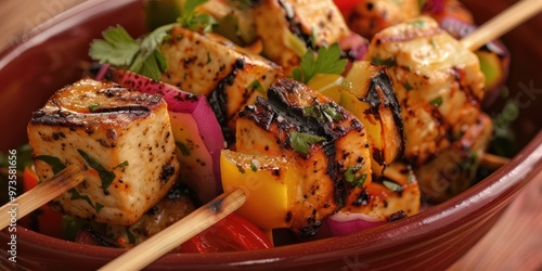 Grilled coalho cheese skewers served in a red bowl photo