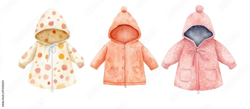 Three hooded baby girl outfits displayed against a white background Three hooded baby girl outfits displayed against a white background