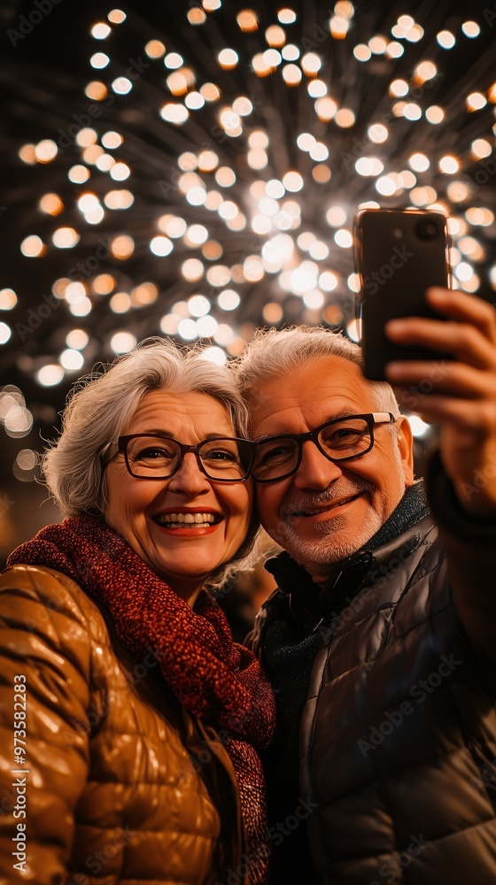 Happy Elderly Couple Taking a Selfie Amidst New Year's Eve Fireworks, Celebrating at Midnight with Bokeh Lights in the Background Happy Elderly Couple Taking a Selfie Amidst New Year's Eve Fireworks, Celebrating at Midnight with Bokeh Lights in the Background