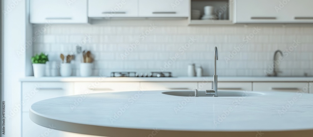 Modern white kitchen interior with cabinets built in sink stove and ...