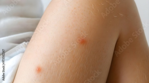 Close-up of a leg with red spots indicating insect bites or skin irritation, highlighting common dermatological concerns.