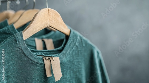 Organic Cotton Clothing on Hanger: Soft Fabric and Eco-Friendly Tags Highlight Sustainable Fashion Choices with Clean, Modern Aesthetic, Perfect for Green Lifestyle Promotions photo