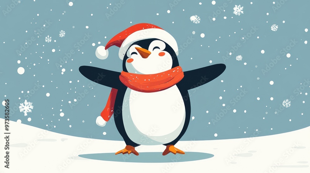 Flat color illustration featuring a cheerful penguin celebrating Christmas Flat color illustration featuring a cheerful penguin celebrating Christmas