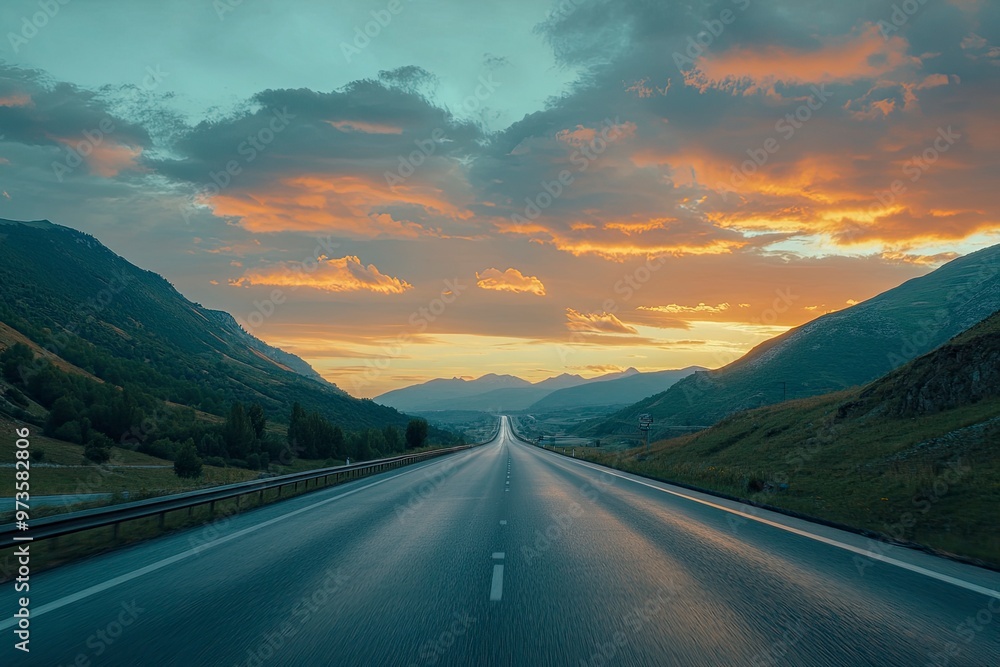 Asphalt highway road and mountain with sky clouds at sunset , ai Asphalt highway road and mountain with sky clouds at sunset , ai
