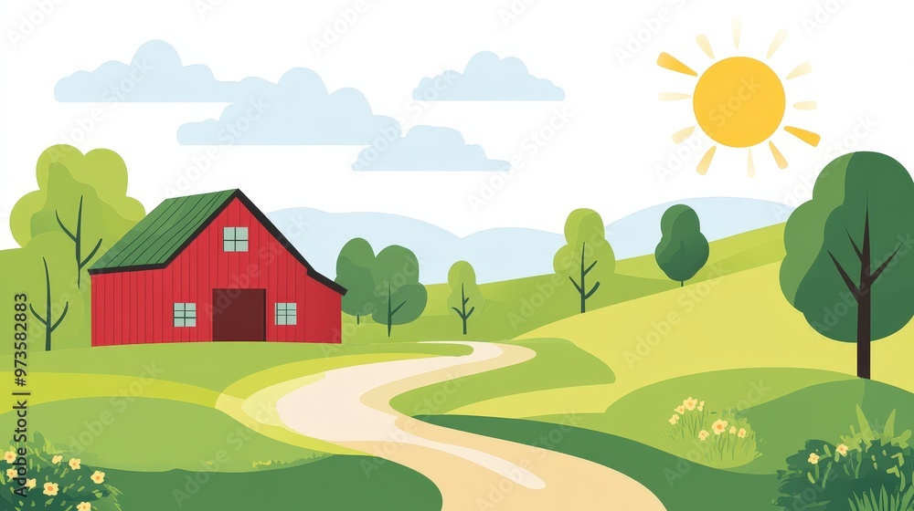 Fototapeta premium Minimalist Farm Landscape: Red Barn, Green Trees, Curving Path, and Sunny Sky in Simple Flat Design