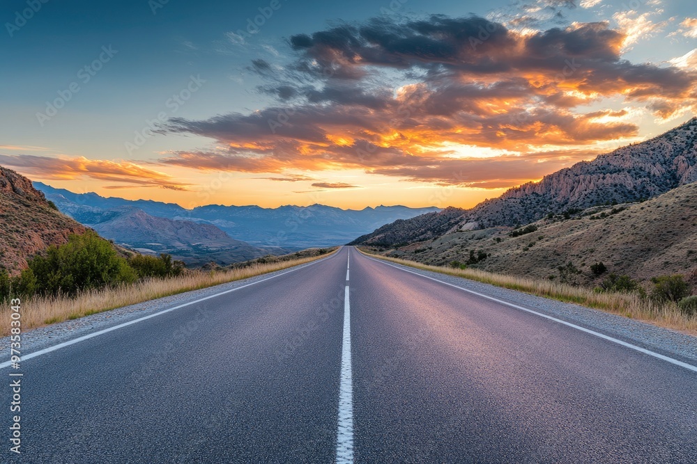 Asphalt highway road and mountain with sky clouds at sunset, ai Asphalt highway road and mountain with sky clouds at sunset, ai