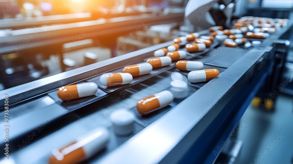 Close-up of pharmaceutical capsules moving along a production line in a modern manufacturing facility under bright lighting. Close-up of pharmaceutical capsules moving along a production line in a modern manufacturing facility under bright lighting.