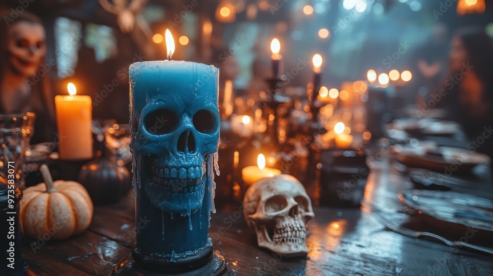 A spooky candlelit dinner setting with skulls and pumpkins.