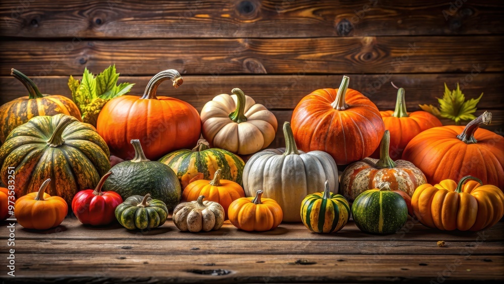Variety of colorful pumpkins and gourds on display on a rustic wooden table, pumpkins, gourds, fall, autumn Variety of colorful pumpkins and gourds on display on a rustic wooden table, pumpkins, gourds, fall, autumn