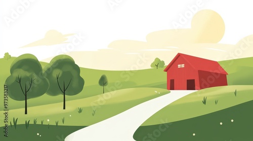 Charming Farm Life - Minimalist Cartoon Vector Illustration of Red Barn, Trees, Path, and Sunny Sky on White Background