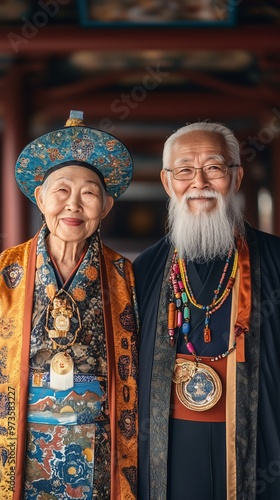 Senior Couple Smiling Together, Diverse Ethnicities, Portrait of Love and Happiness photo