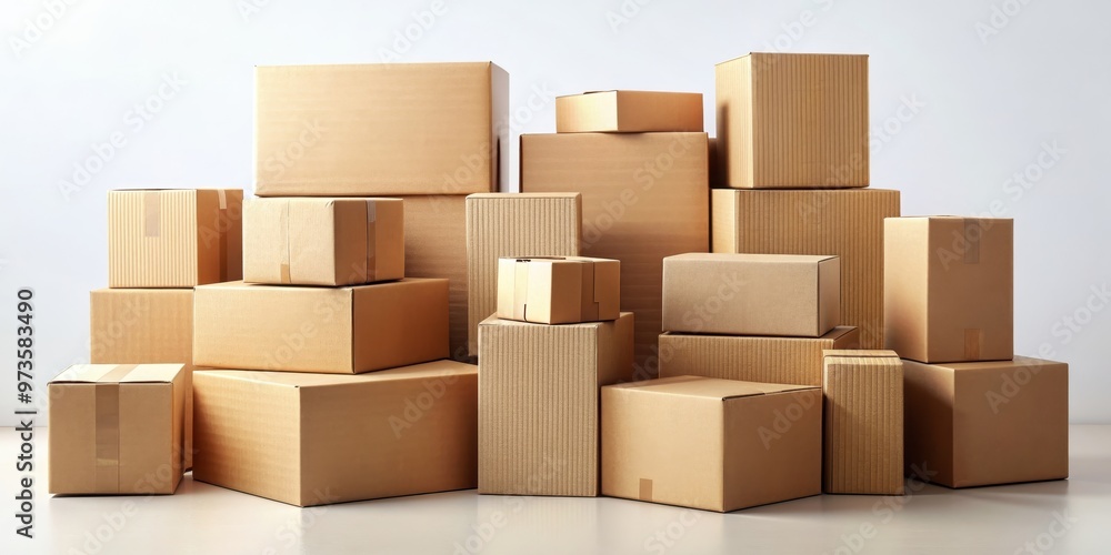 Fototapeta premium Collection of box packages creatively arranged, boxes, packages, piled, high, whimsical, arrangement, stacked, colorful
