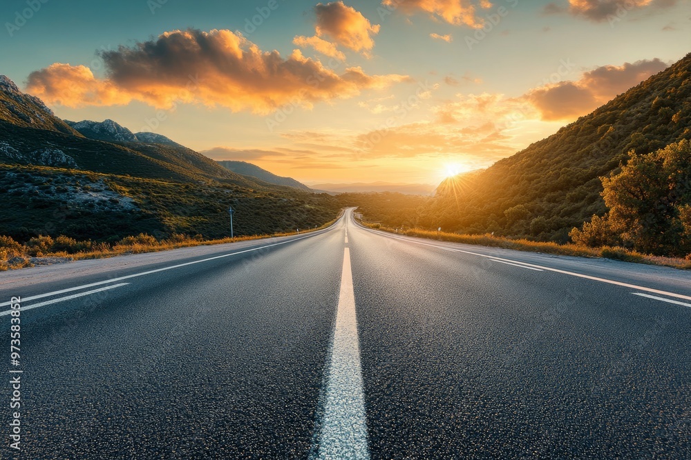 Asphalt highway road and mountain with sky clouds at sunset, ai Asphalt highway road and mountain with sky clouds at sunset, ai