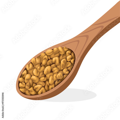 Vector illustration of fenugreek seeds on a wooden spoon, isolated on white background.