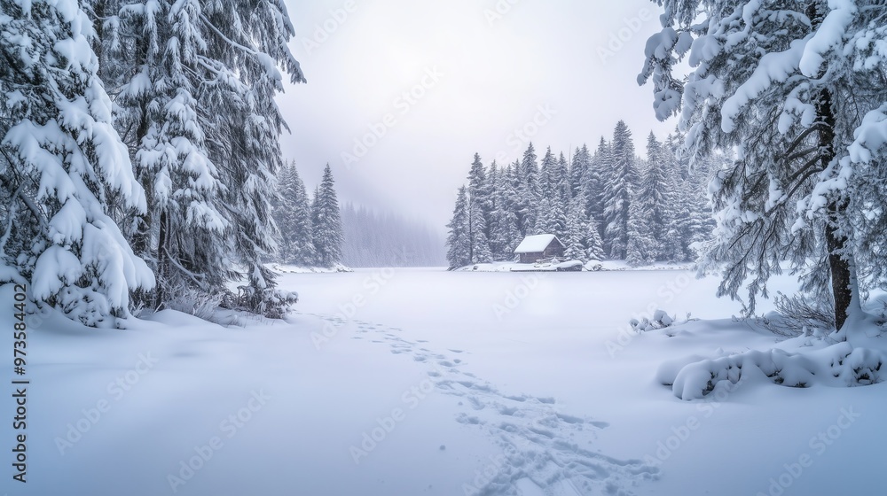 Fresh snow covering a secluded frozen lake and forest Fresh snow covering a secluded frozen lake and forest