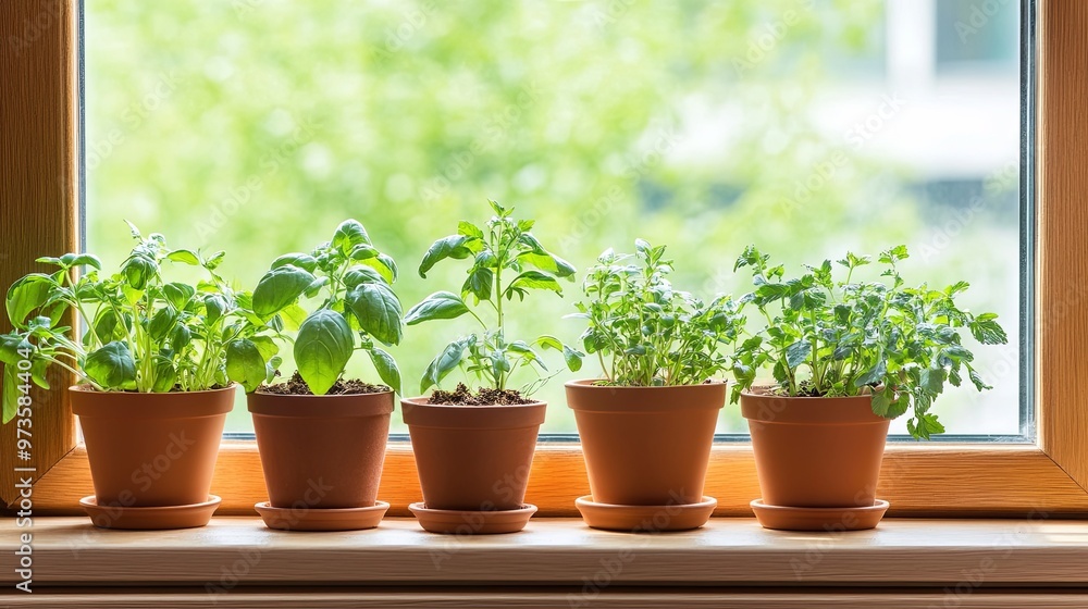 Fresh Potted Herbs on a Windowsill: Vibrant Green Leaves and Natural Light Highlight a Cozy and Inviting Home Garden Space with Room for Text Fresh Potted Herbs on a Windowsill: Vibrant Green Leaves and Natural Light Highlight a Cozy and Inviting Home Garden Space with Room for Text