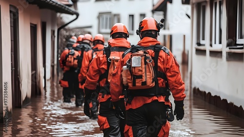 Emergency responders navigate a flooded street, showcasing their dedication and readiness in challenging conditions. Rescue operation in progress.