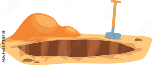 Cartoon illustration of a big hole dug in the ground with a shovel
